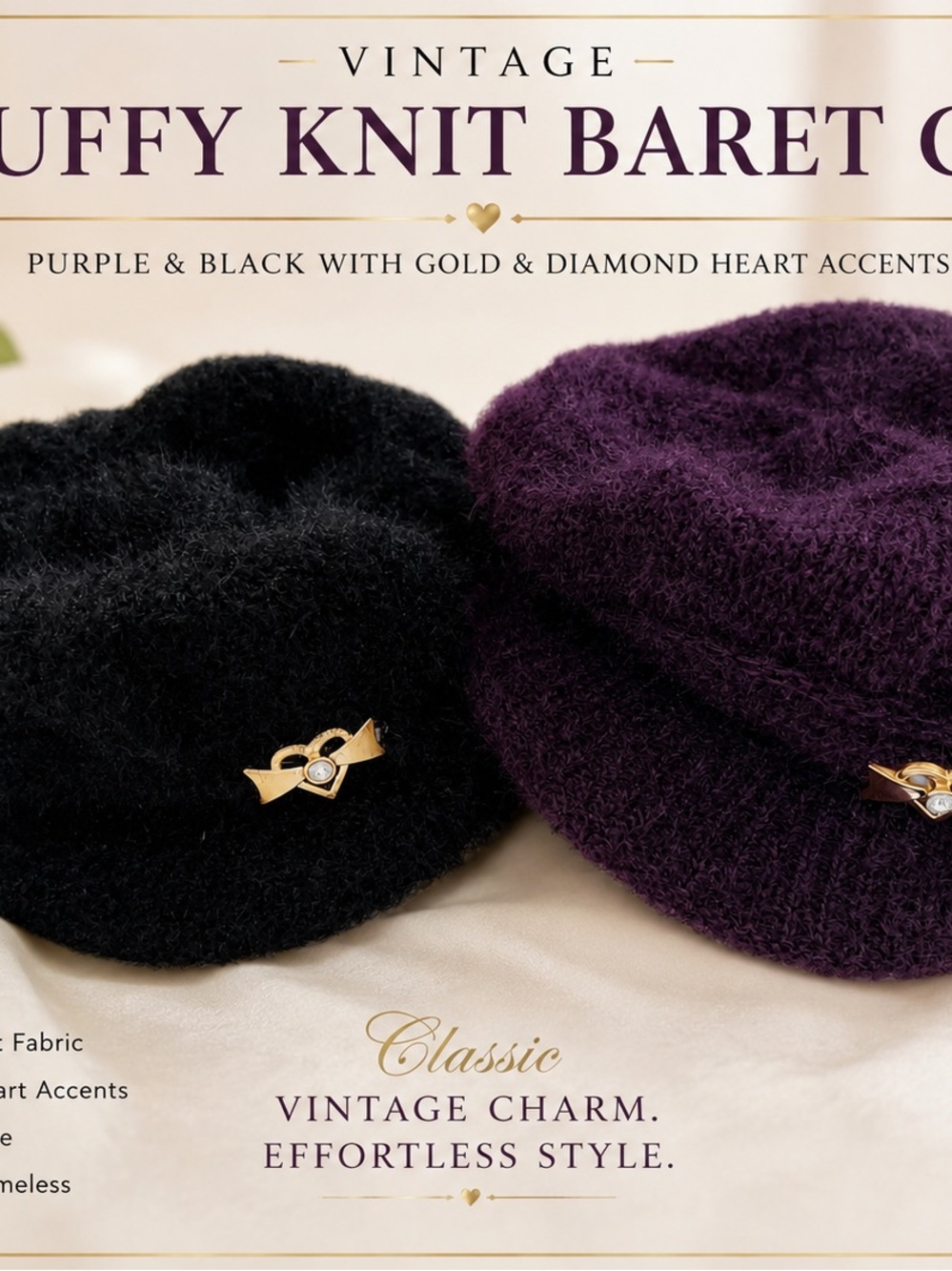 2 Vintage Fluffy Knit Beret - Purple & Black with Gold Heart Accent
